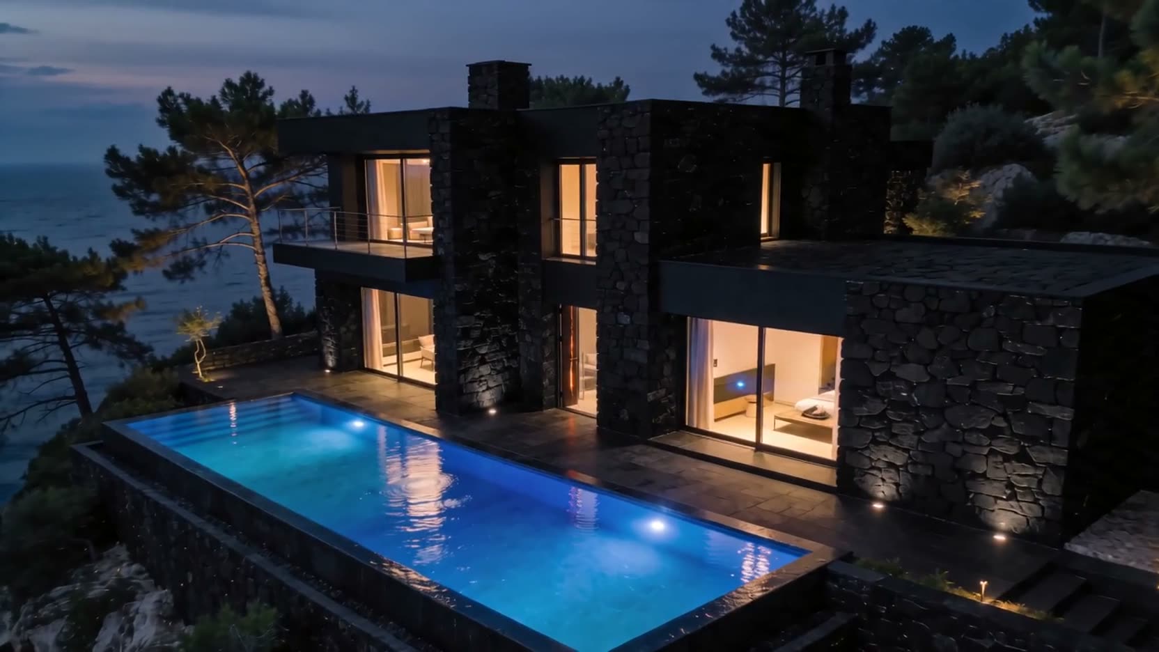 Villa confidentielle de nuit, piscine à débordement face à la mer